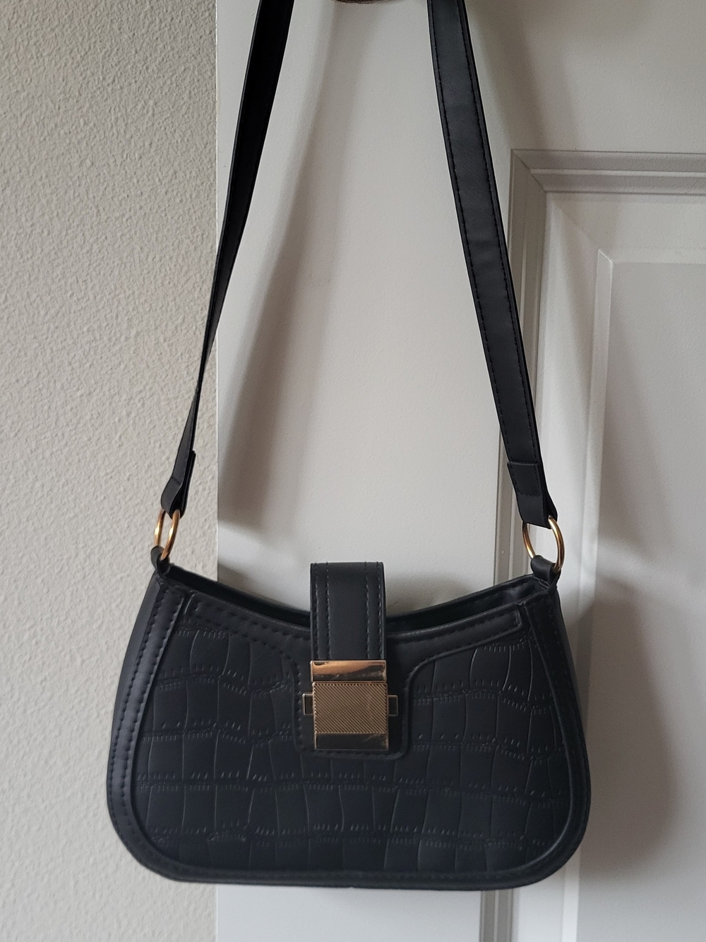 Black Croc-Embossed Shoulder Bag with Gold Hardware